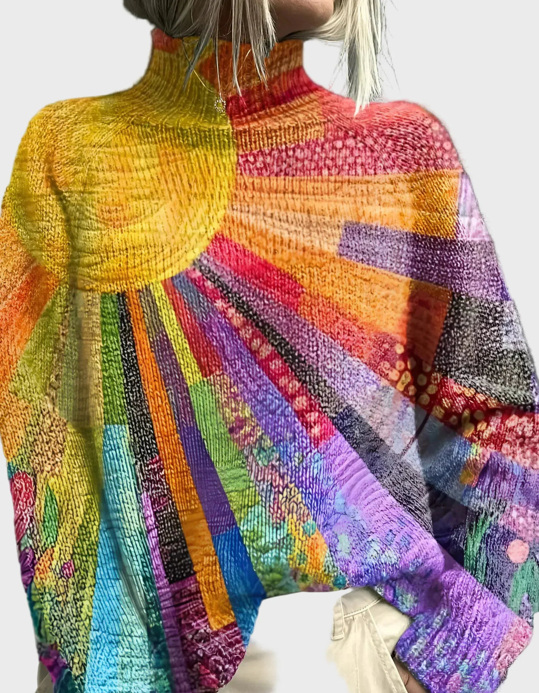 High Neck Sweater with Vibrant Pattern