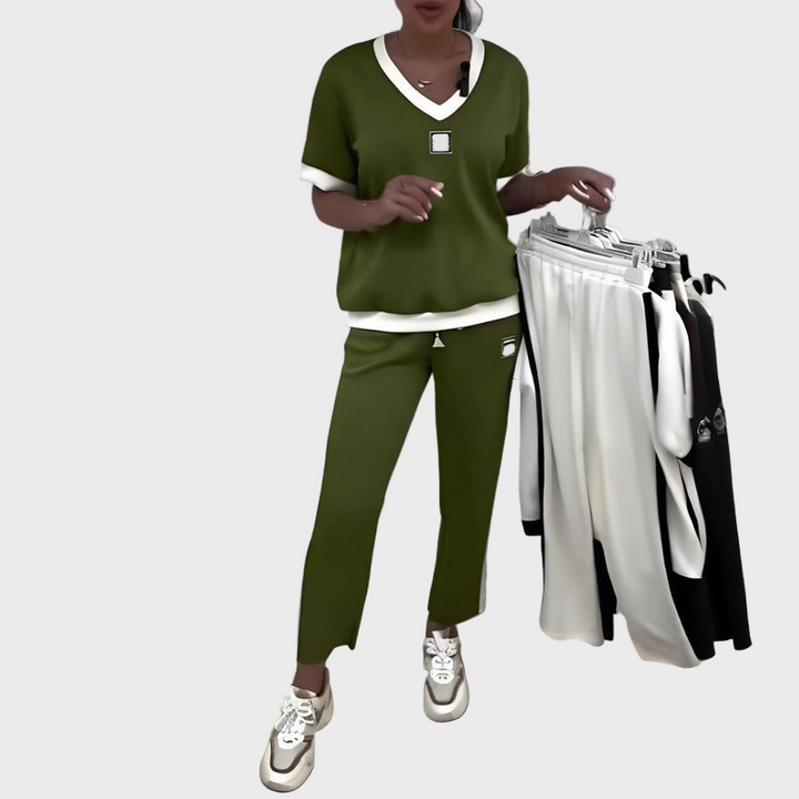 Casual Set with Top and Pants with V-Neck
