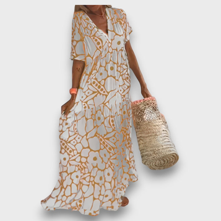 Lang Dress with Flower Design and Buttons