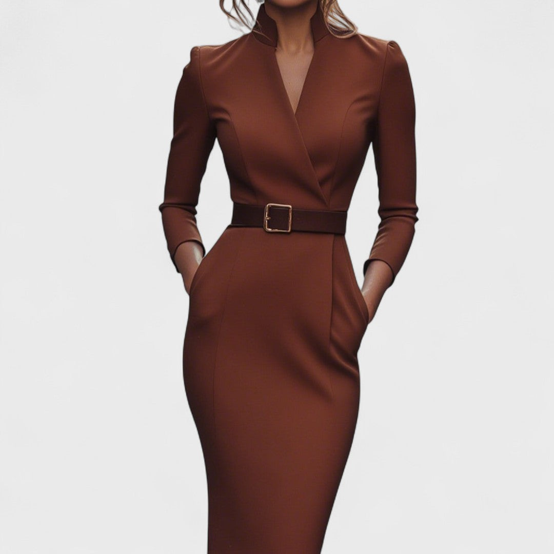 Mandarin - Elegant Black Dress with Belt and Mandarin Collar