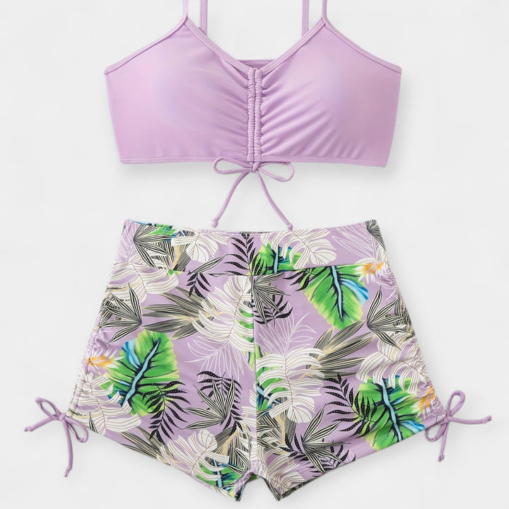 High-Waisted Bikini with Tropical Pattern and Spaghetti Straps