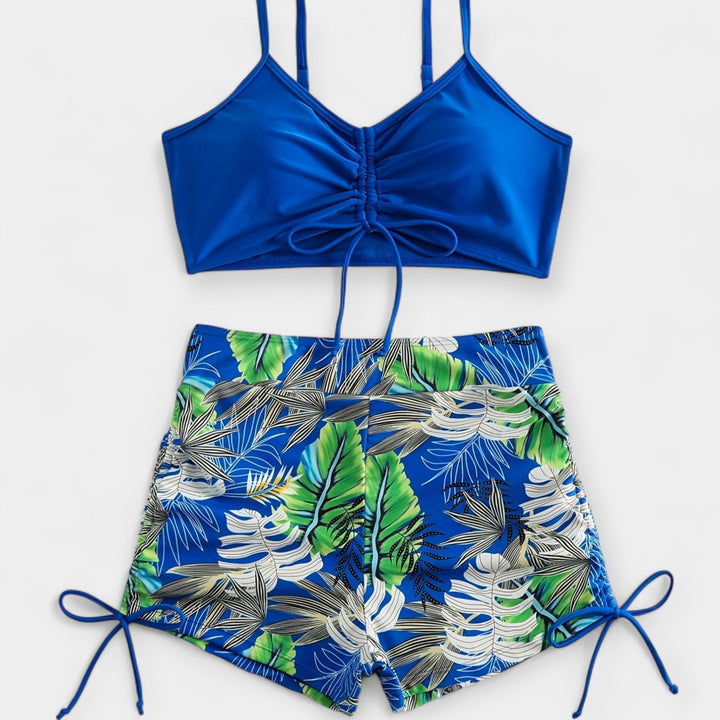 High-Waisted Bikini with Tropical Pattern and Spaghetti Straps