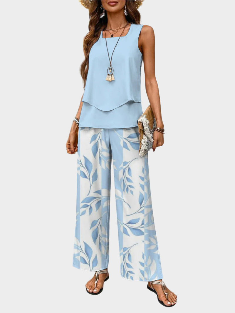 Summer Set with Sleeveless Blouse and Patterned Pants