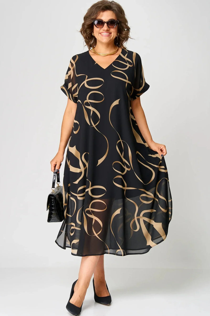 Airy Dress with Linear Patterns and V-Neck