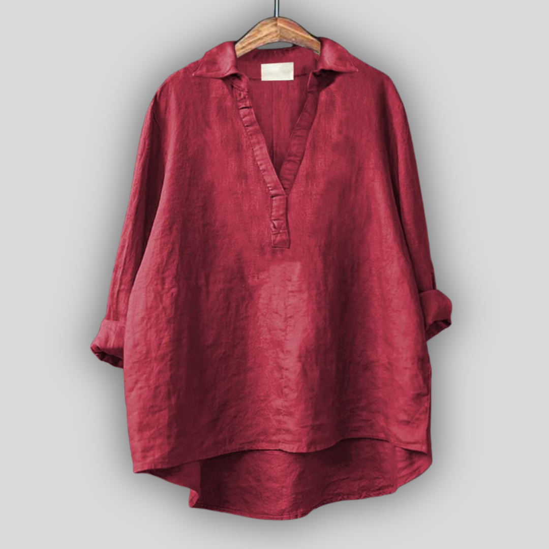 White Linen Blouse with V-Neck