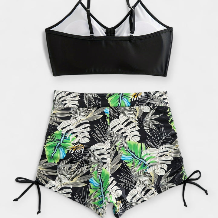High-Waisted Bikini with Tropical Pattern and Spaghetti Straps