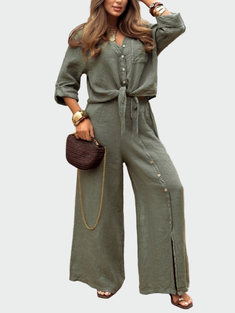 Women's modern, solid-colored, two-piece suit