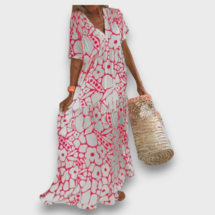 Lang Dress with Flower Design and Buttons