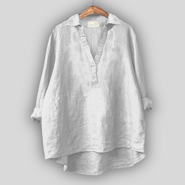 White Linen Blouse with V-Neck