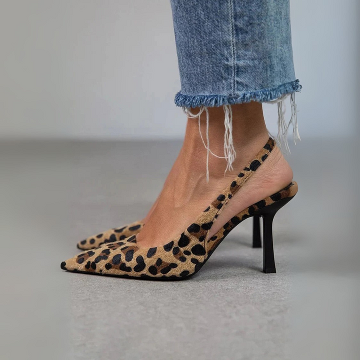 Alma - Pointed Toe Leopard Print Slingback Khaki Stiletto Heels