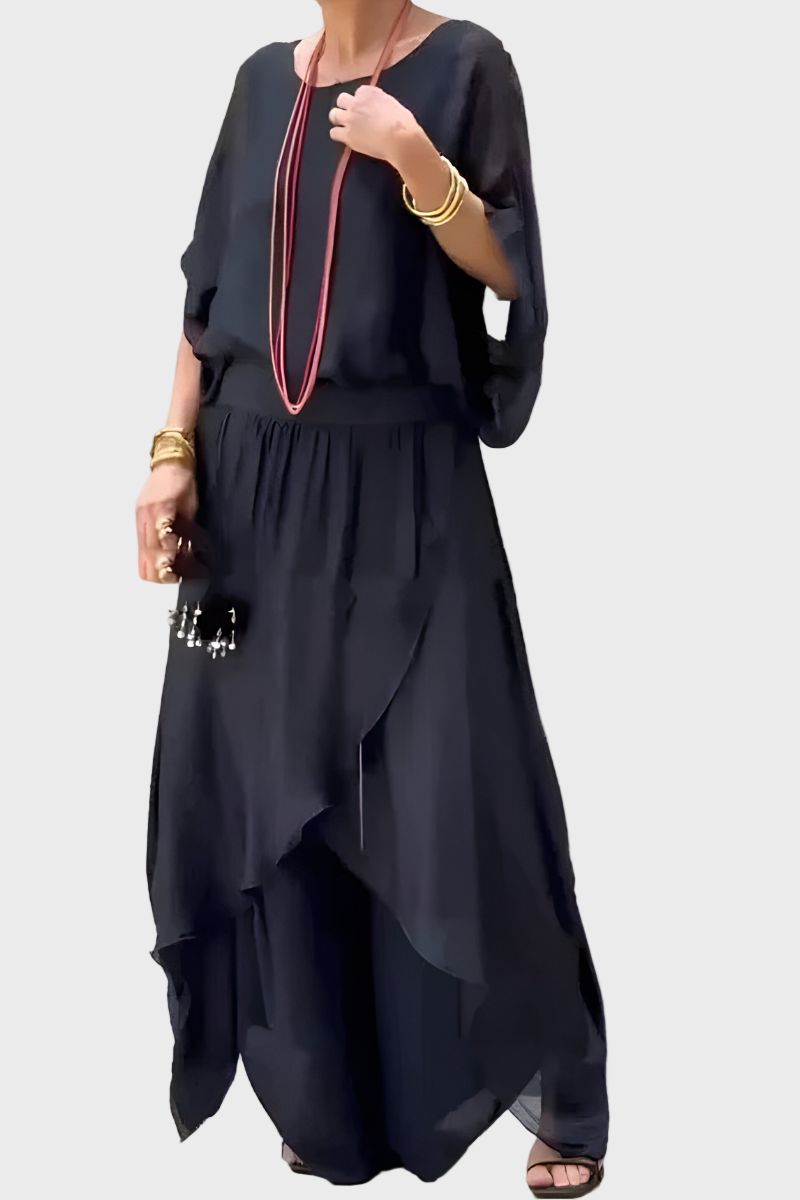 Top with wide pants and slit – Two-piece chiffon set