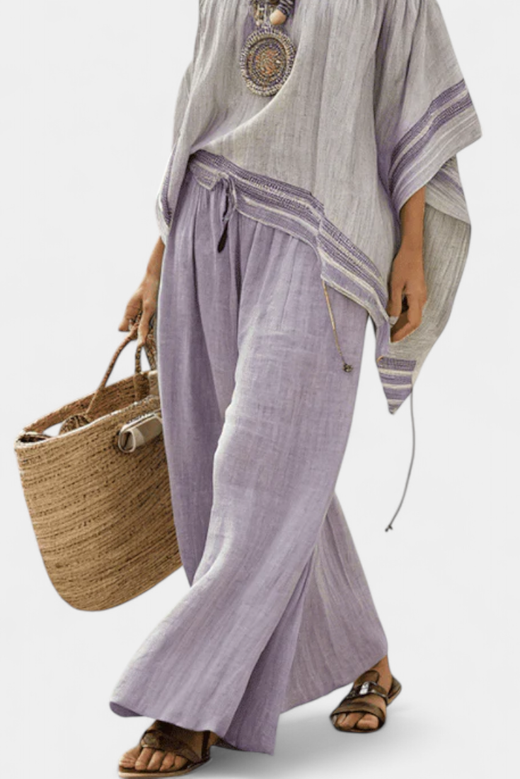 Bamboo set with stripes, featuring off-shoulder design and wide pants for an elegant and fresh style