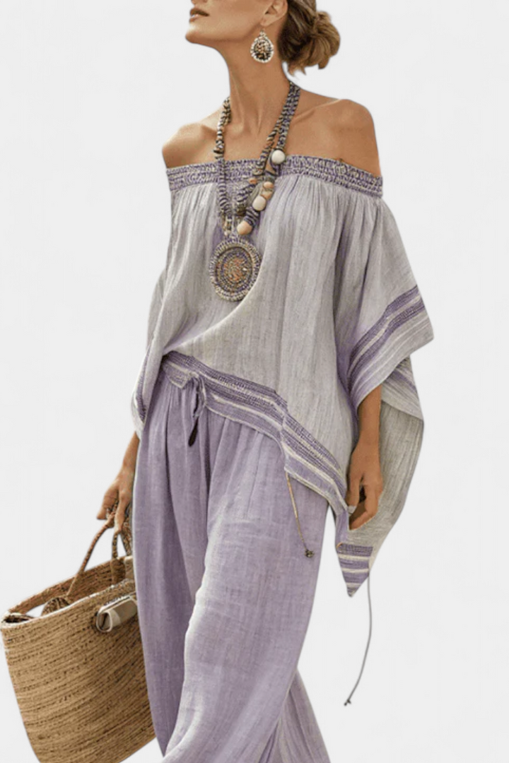 Bamboo set with stripes, featuring off-shoulder design and wide pants for an elegant and fresh style