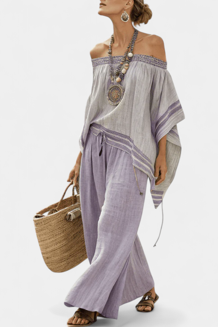 Bamboo set with stripes, featuring off-shoulder design and wide pants for an elegant and fresh style