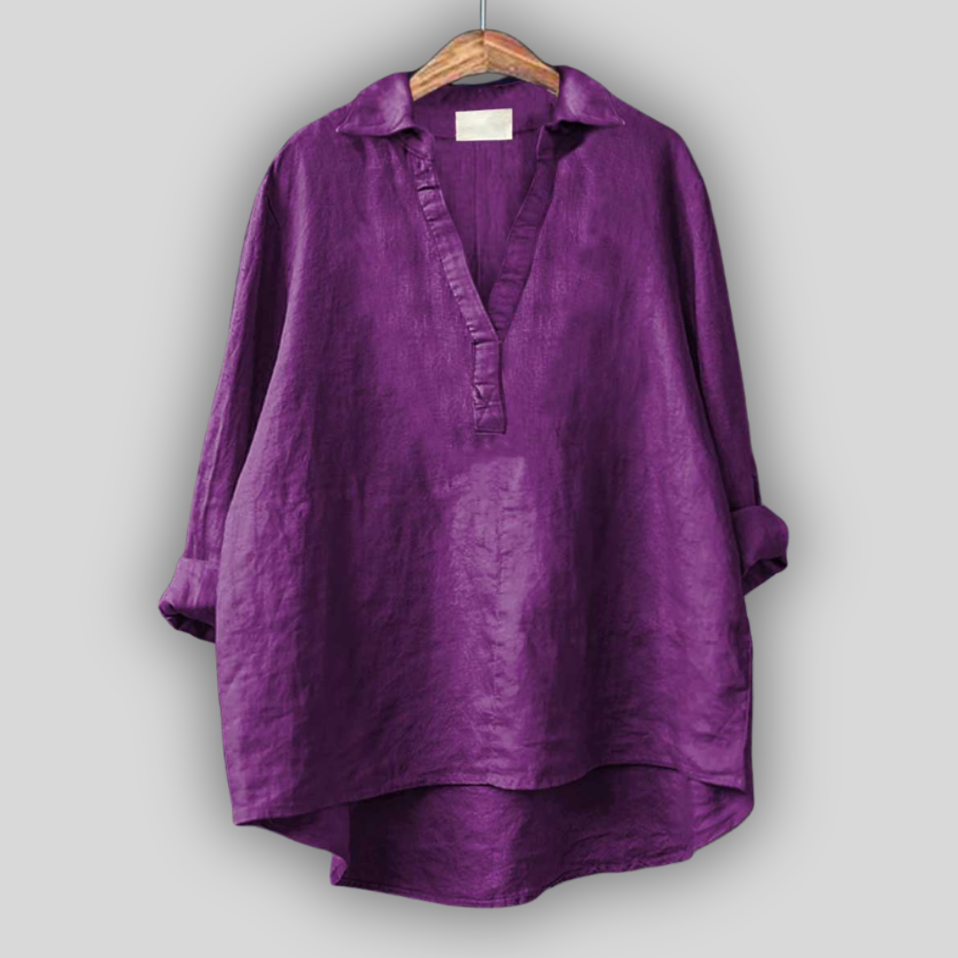 White Linen Blouse with V-Neck