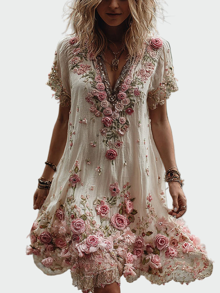 Vintage style dress with short sleeves and elegant floral embroidery
