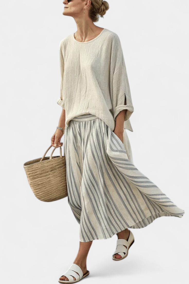 Set with Casual Daisy, Oversized Blouse, and Midi Skirt with Stripes in Linen Bamboo for an Elegant and Comfortable Style