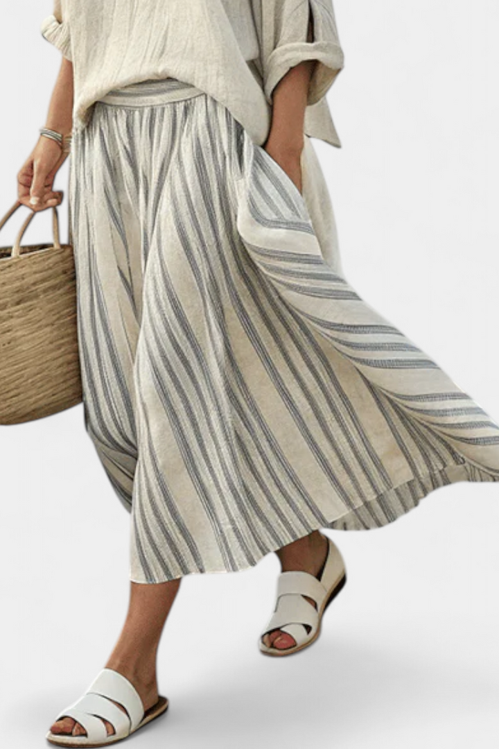 Set with Casual Daisy, Oversized Blouse, and Midi Skirt with Stripes in Linen Bamboo for an Elegant and Comfortable Style