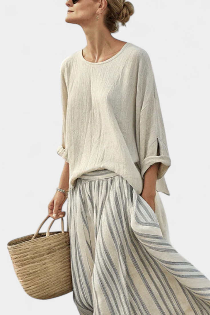 Set with Casual Daisy, Oversized Blouse, and Midi Skirt with Stripes in Linen Bamboo for an Elegant and Comfortable Style