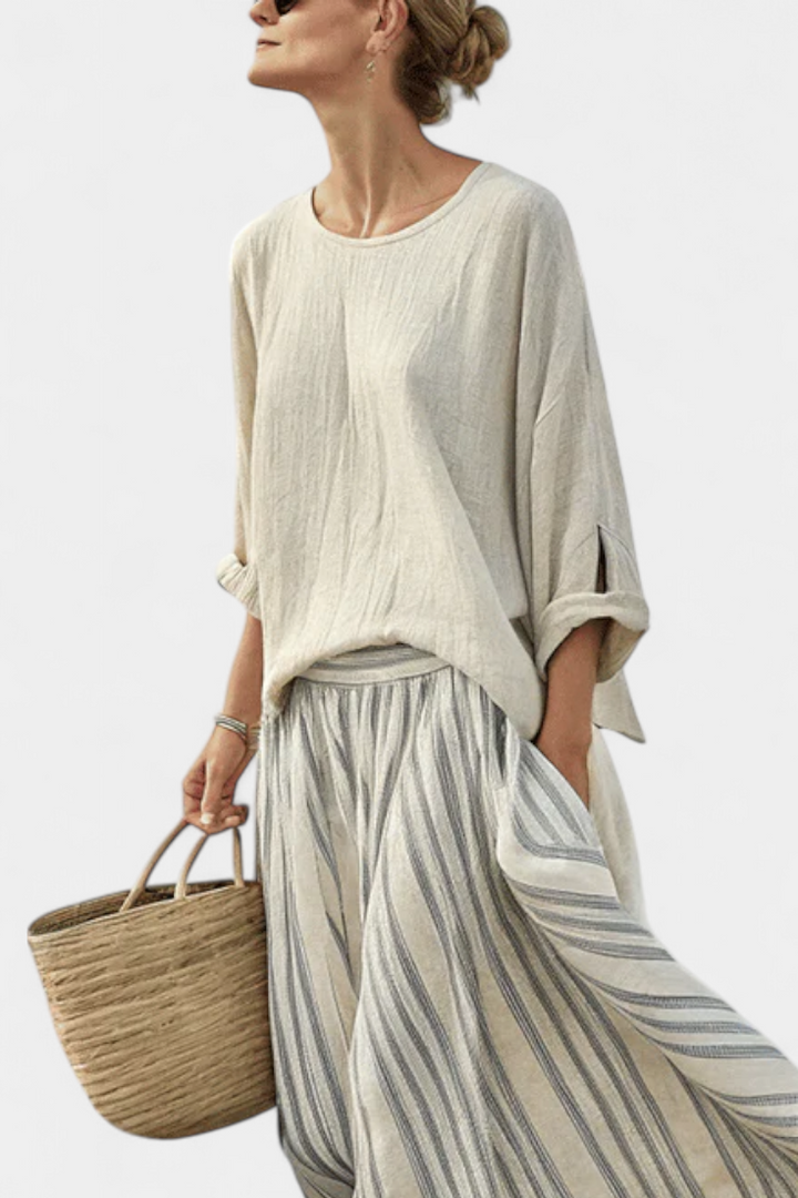 Set with Casual Daisy, Oversized Blouse, and Midi Skirt with Stripes in Linen Bamboo for an Elegant and Comfortable Style