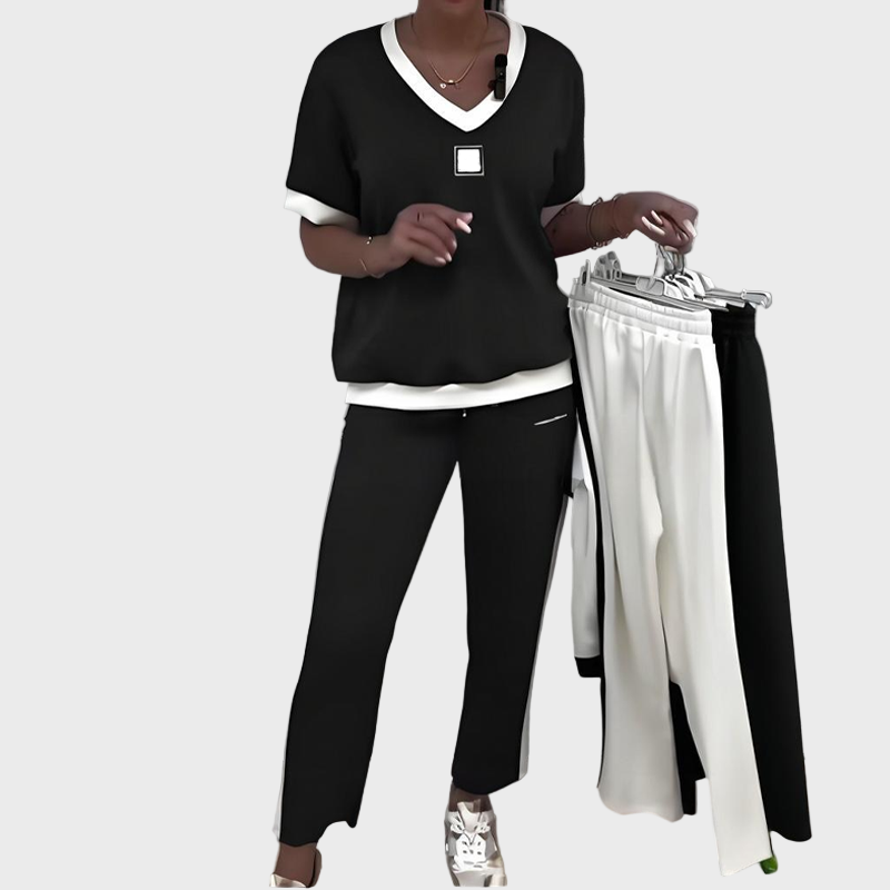 Casual Set with Top and Pants with V-Neck