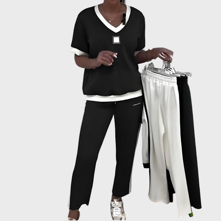 Casual Set with Top and Pants with V-Neck