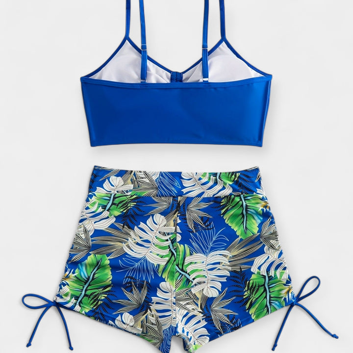 High-Waisted Bikini with Tropical Pattern and Spaghetti Straps