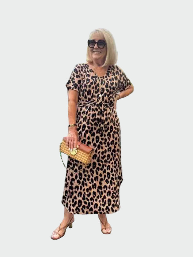 Dress with Leopard Print and Impressive V-Neck