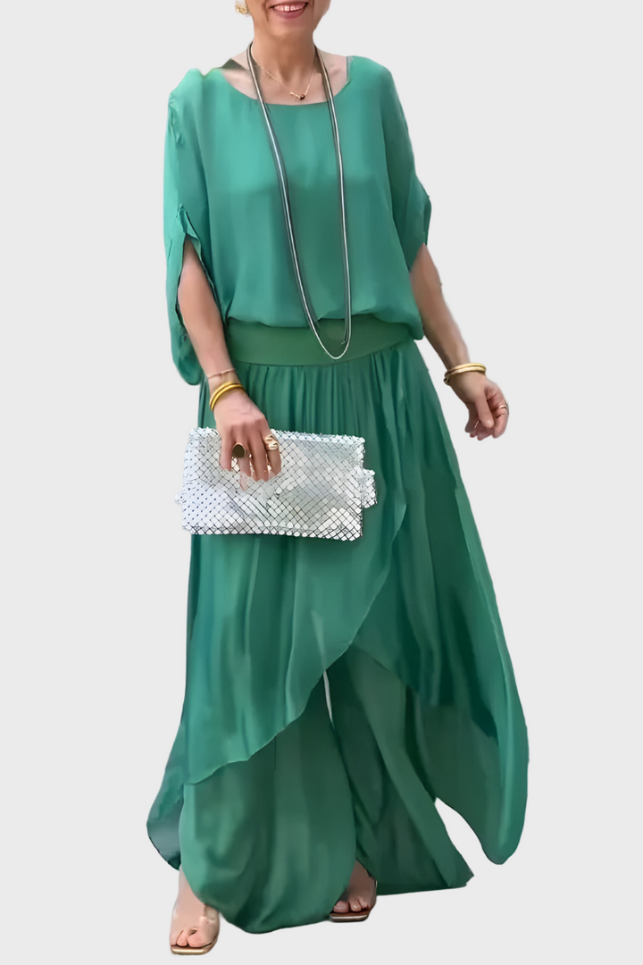 Top with wide pants and slit – Two-piece chiffon set