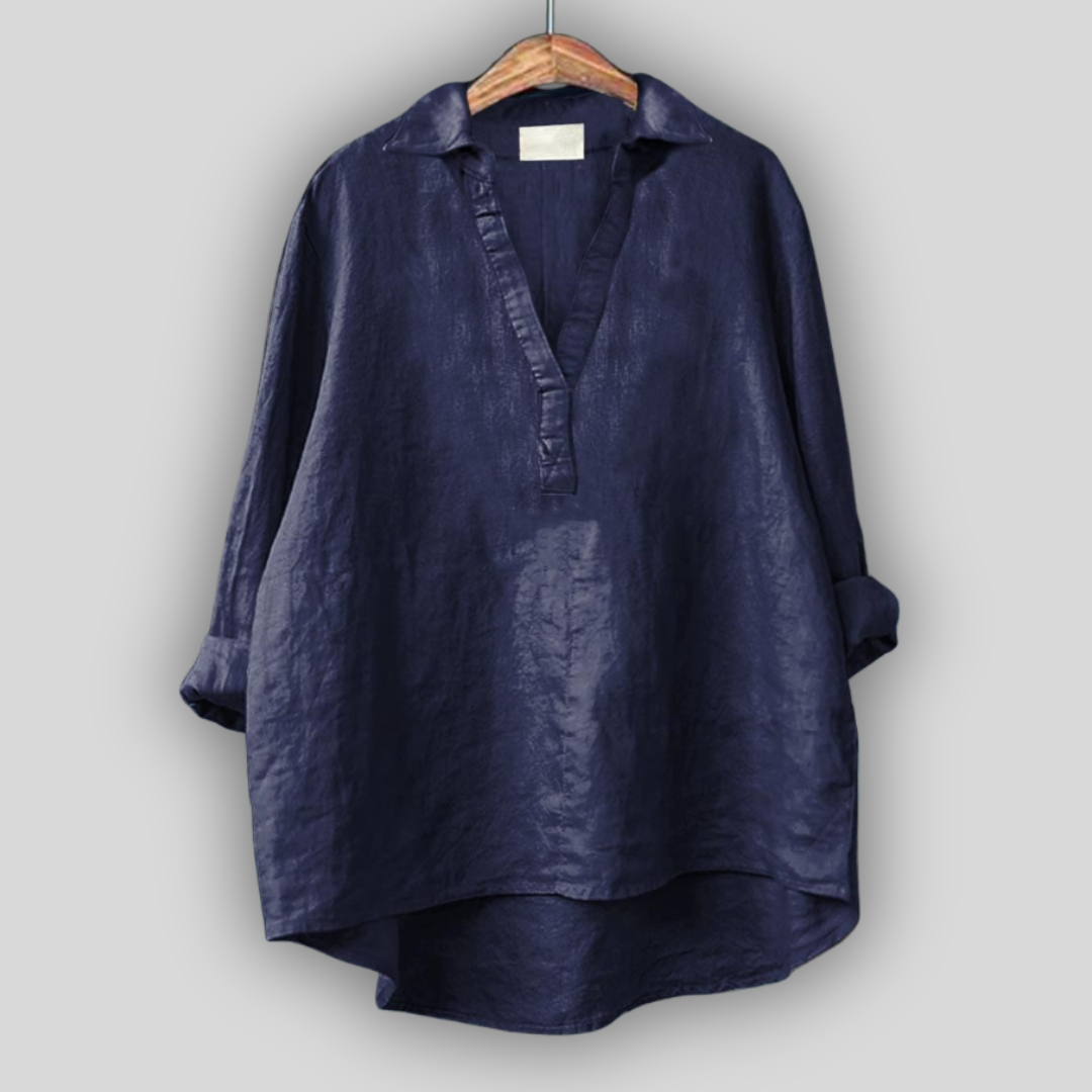 White Linen Blouse with V-Neck