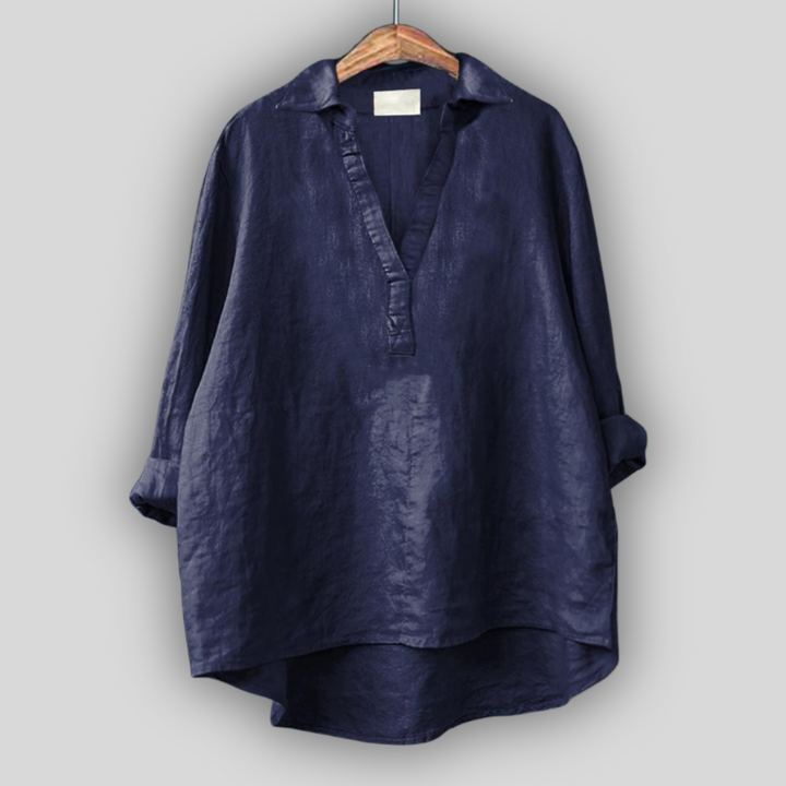 White Linen Blouse with V-Neck