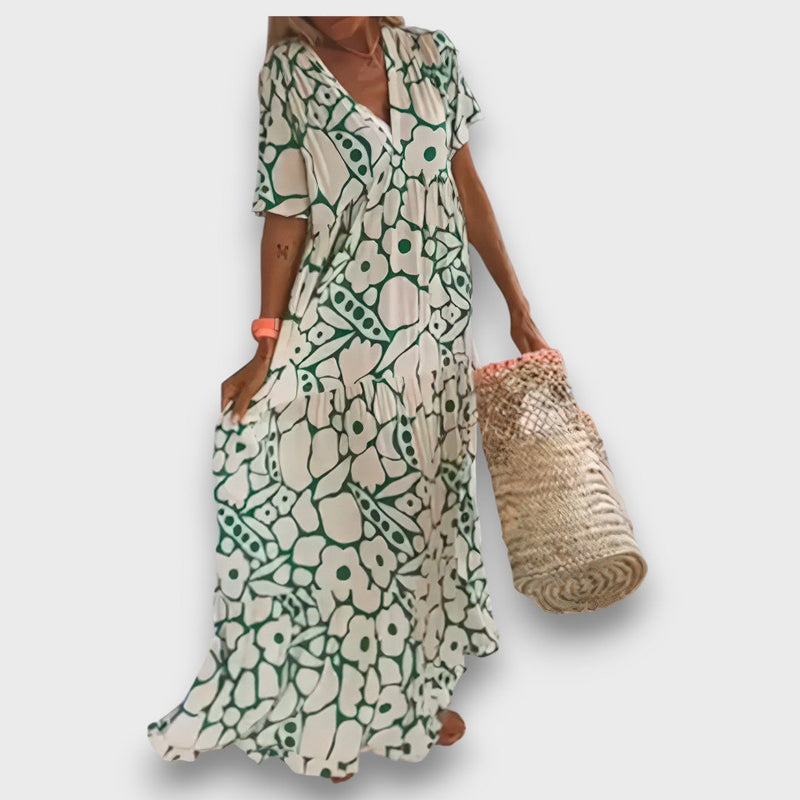 Lang Dress with Flower Design and Buttons