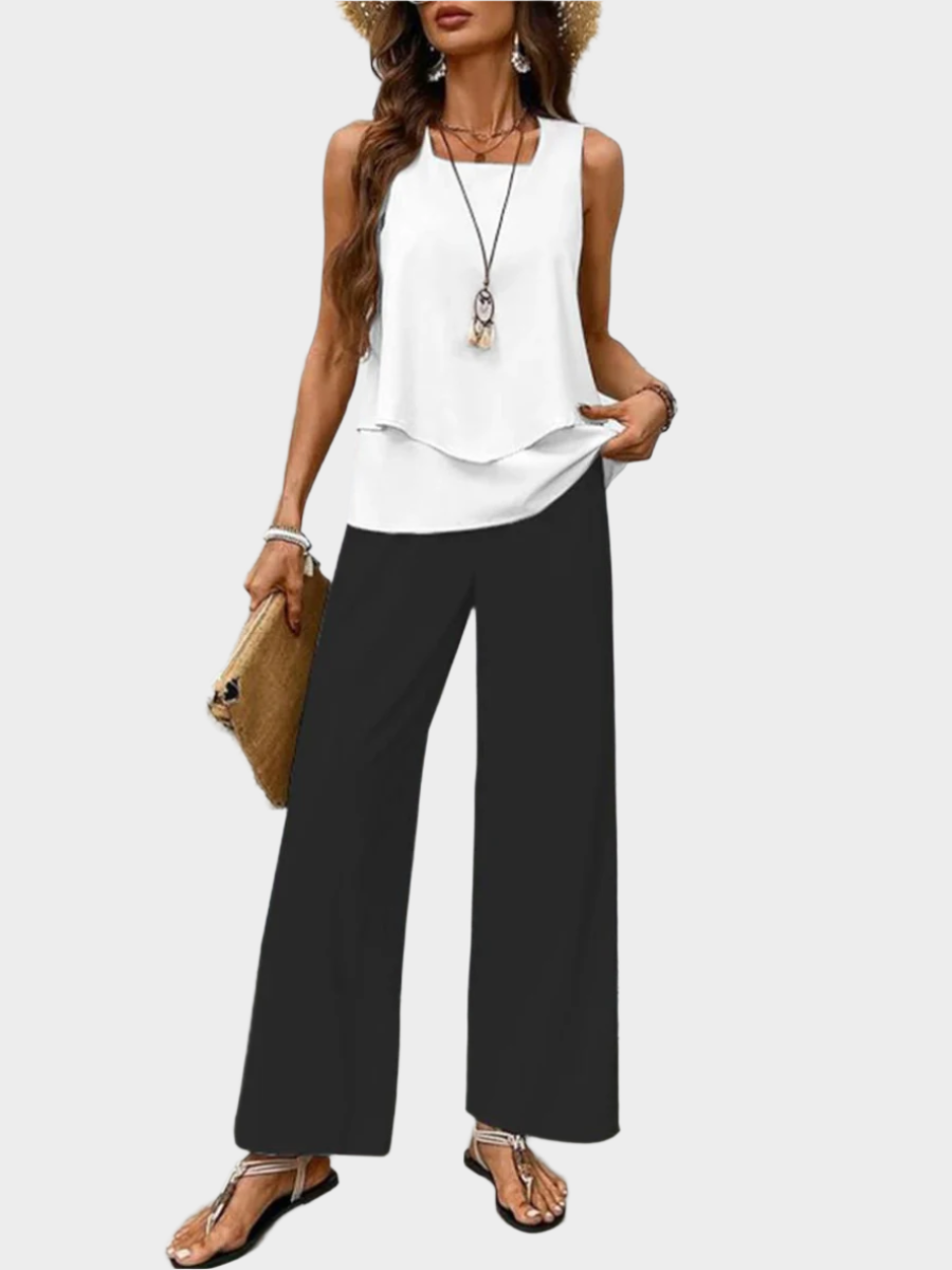 Summer Set with Sleeveless Blouse and Patterned Pants
