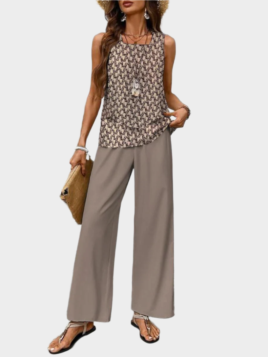 Summer Set with Sleeveless Blouse and Patterned Pants