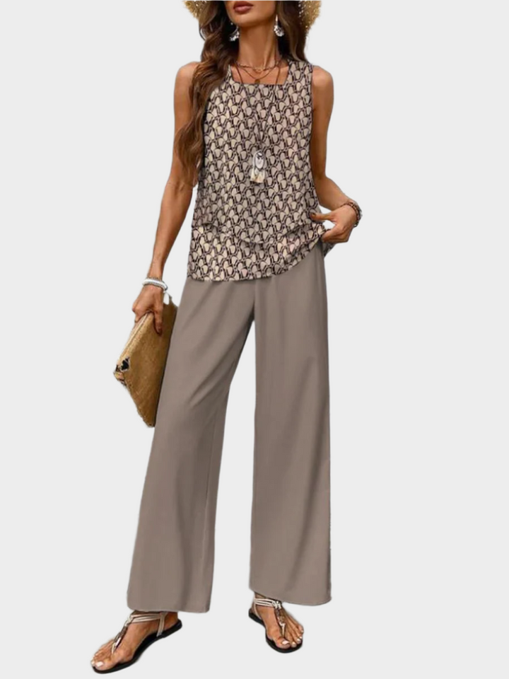 Summer Set with Sleeveless Blouse and Patterned Pants
