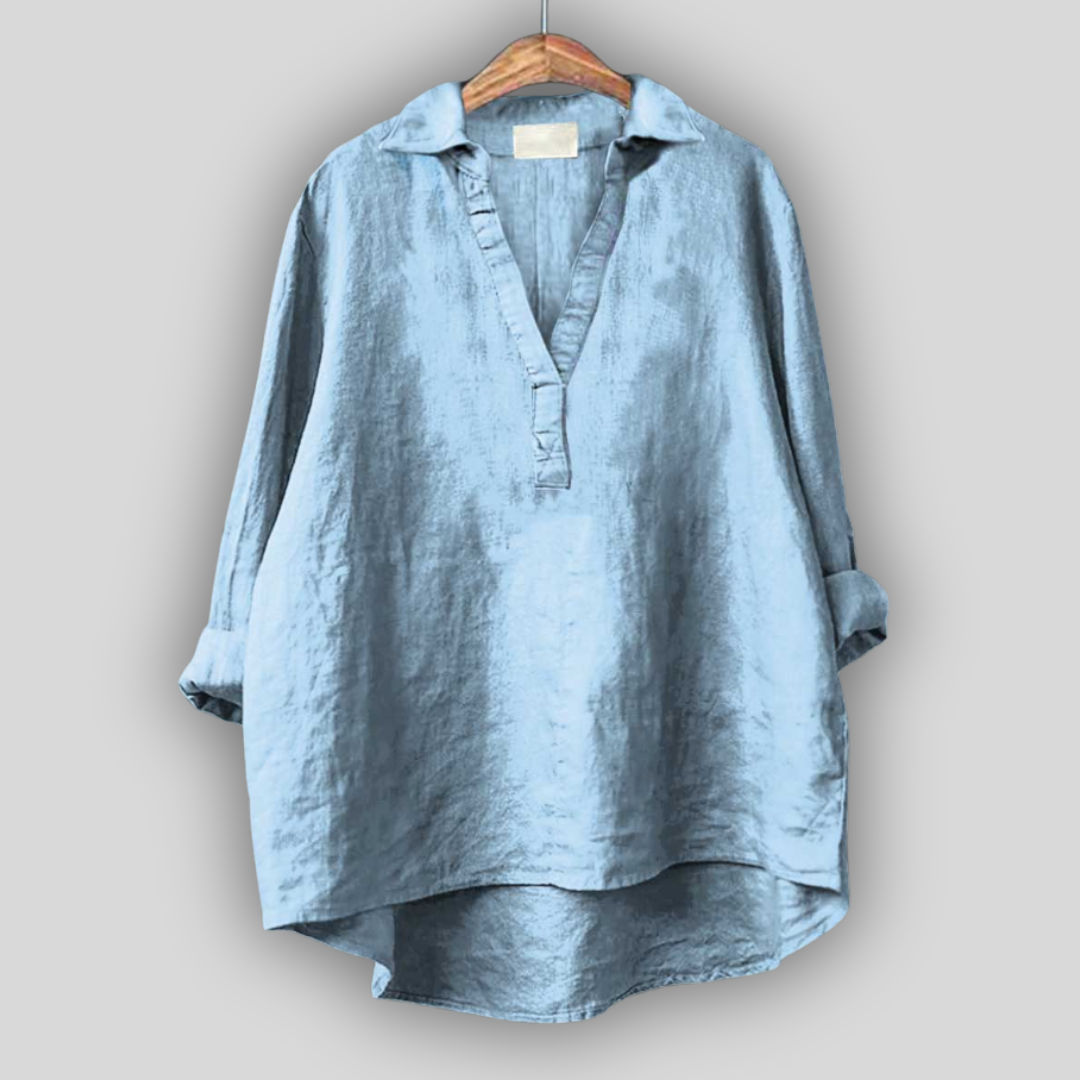 White Linen Blouse with V-Neck