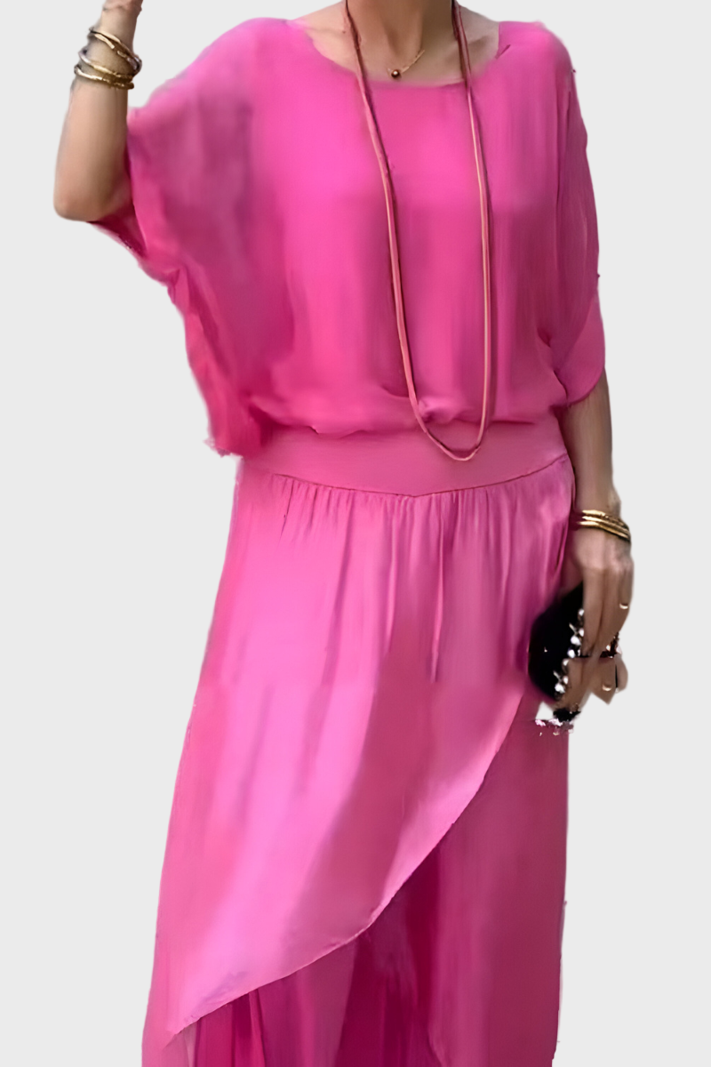 Top with wide pants and slit – Two-piece chiffon set