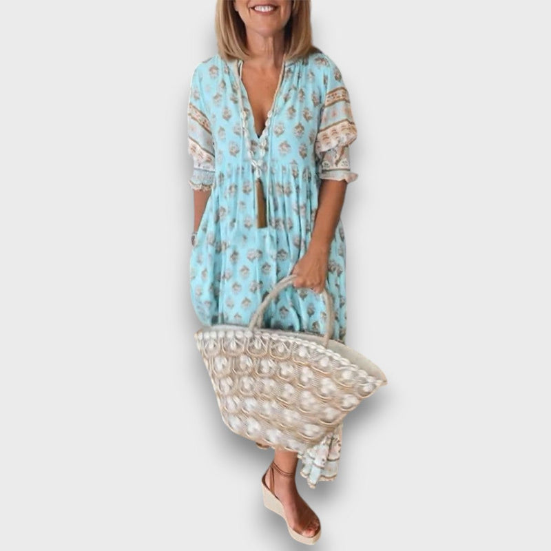 Airy Boho Dress with 3/4 Sleeves and V-Neck with Tie