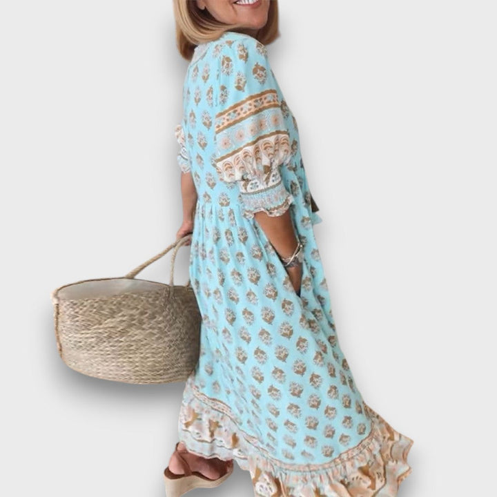 Airy Boho Dress with 3/4 Sleeves and V-Neck with Tie