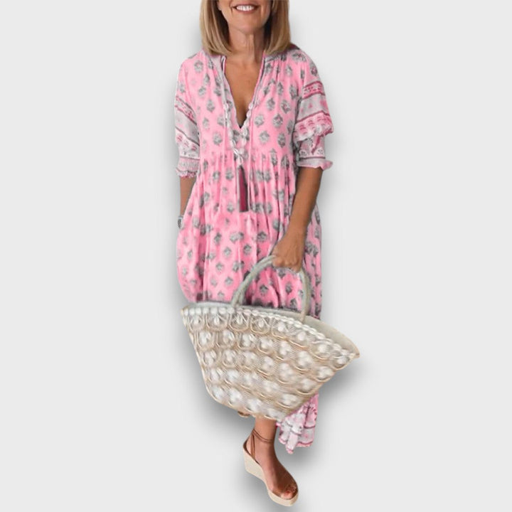 Airy Boho Dress with 3/4 Sleeves and V-Neck with Tie
