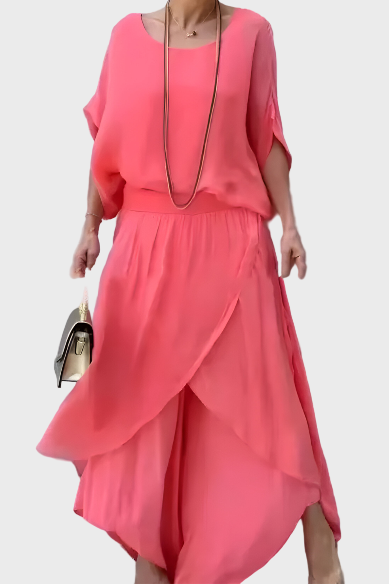 Top with wide pants and slit – Two-piece chiffon set