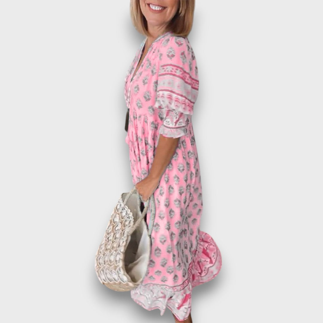 Airy Boho Dress with 3/4 Sleeves and V-Neck with Tie