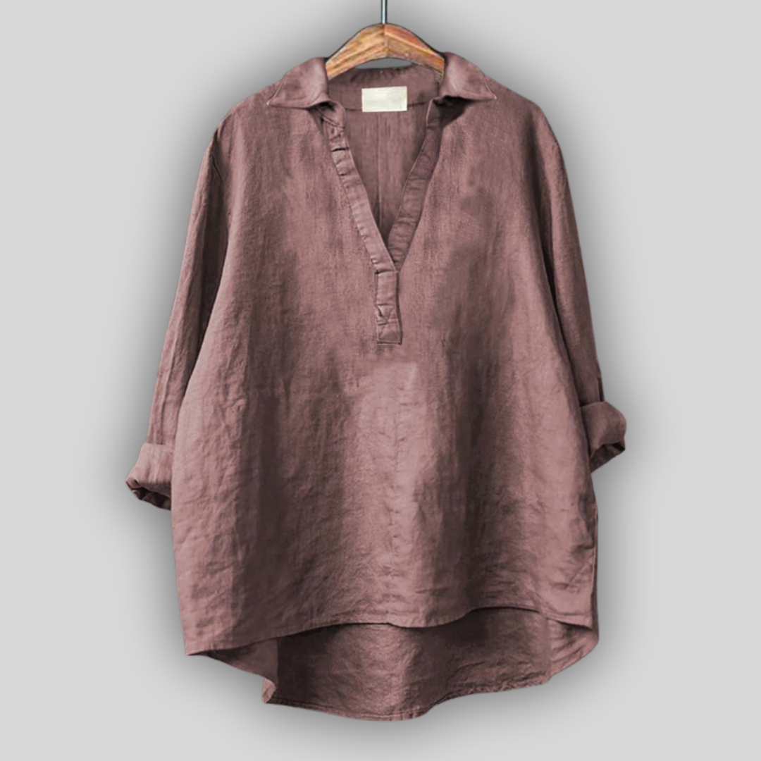 White Linen Blouse with V-Neck