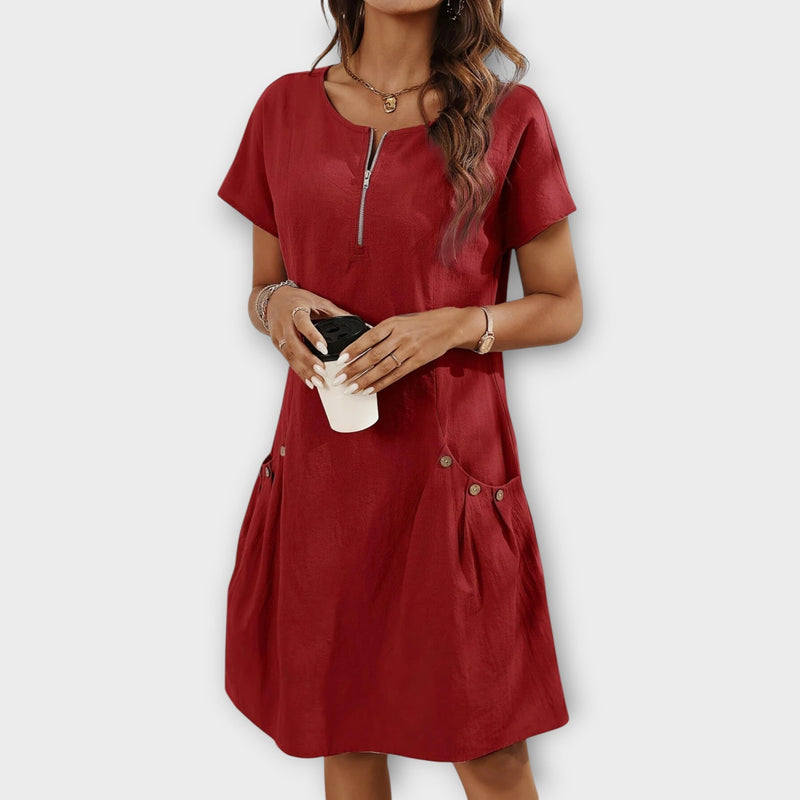 Mini Dress with Short Sleeves and Zipper at the Neckline
