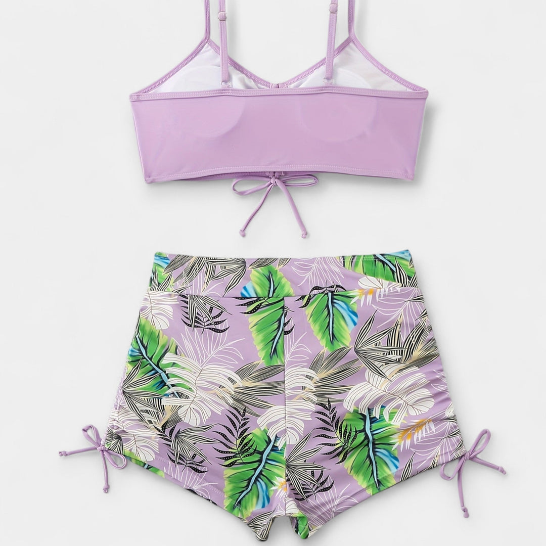 High-Waisted Bikini with Tropical Pattern and Spaghetti Straps