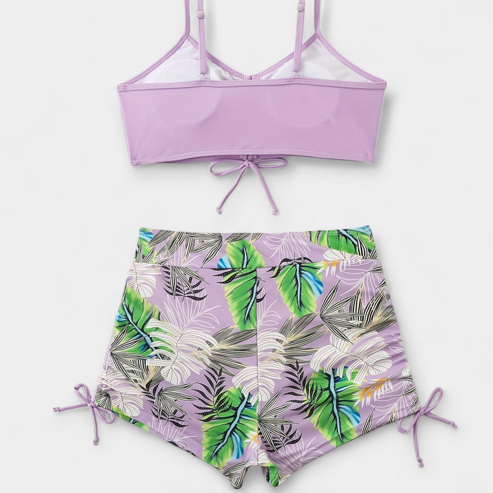 High-Waisted Bikini with Tropical Pattern and Spaghetti Straps