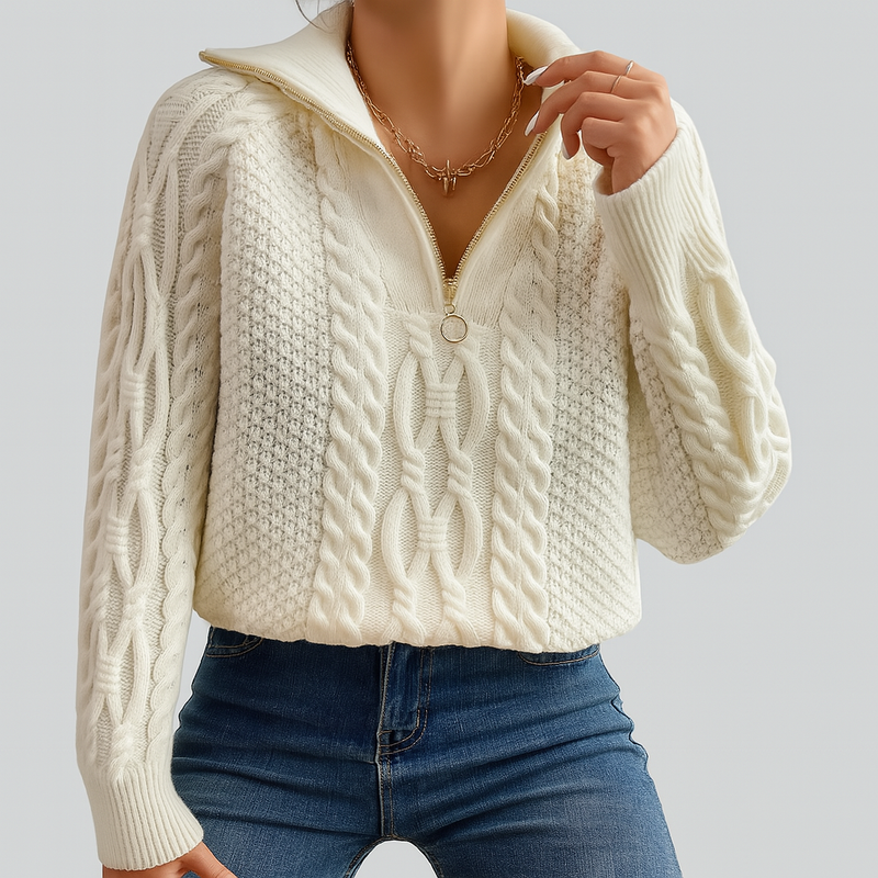 Harlow – Cable Knit Sweater with Zip Collar