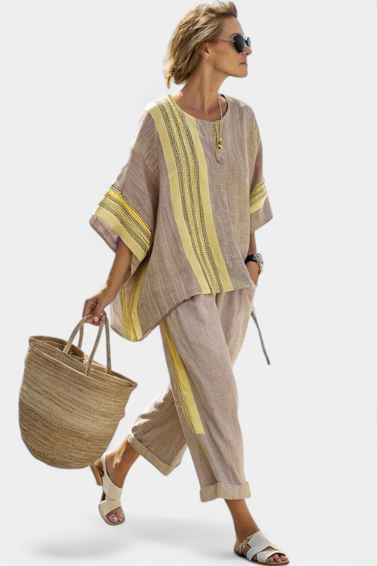 Set of linen bamboo with enchanting lavender and yellow striped details