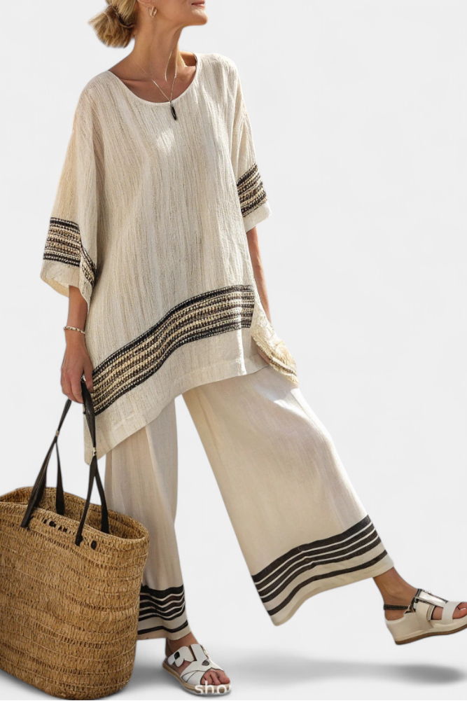 Mediterranean Daisy bamboo linen set with elegant red and green stripes