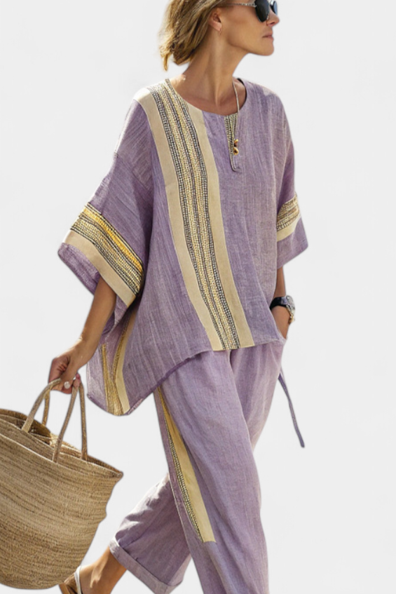 Set of linen bamboo with enchanting lavender and yellow striped details